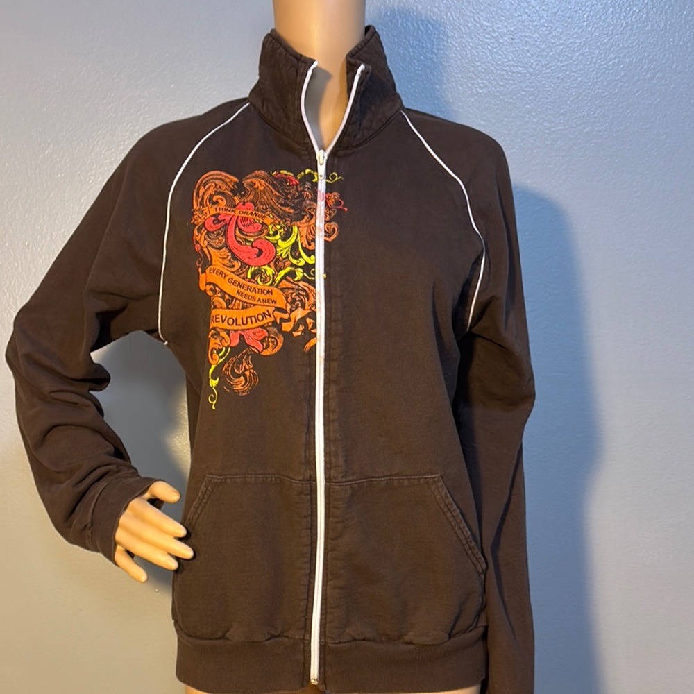 American Apparel Distressed Brown Jacket with Revolution Colorful Graphic Design